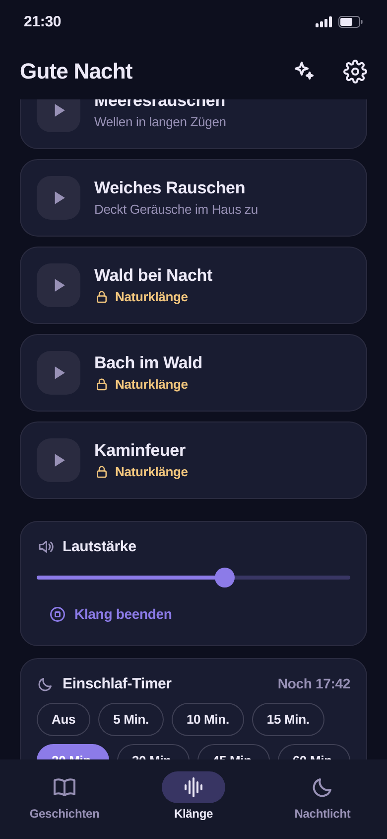Laufender Einschlaf-Timer mit Restzeit über den Zeitknöpfen von 5 bis 60 Minuten