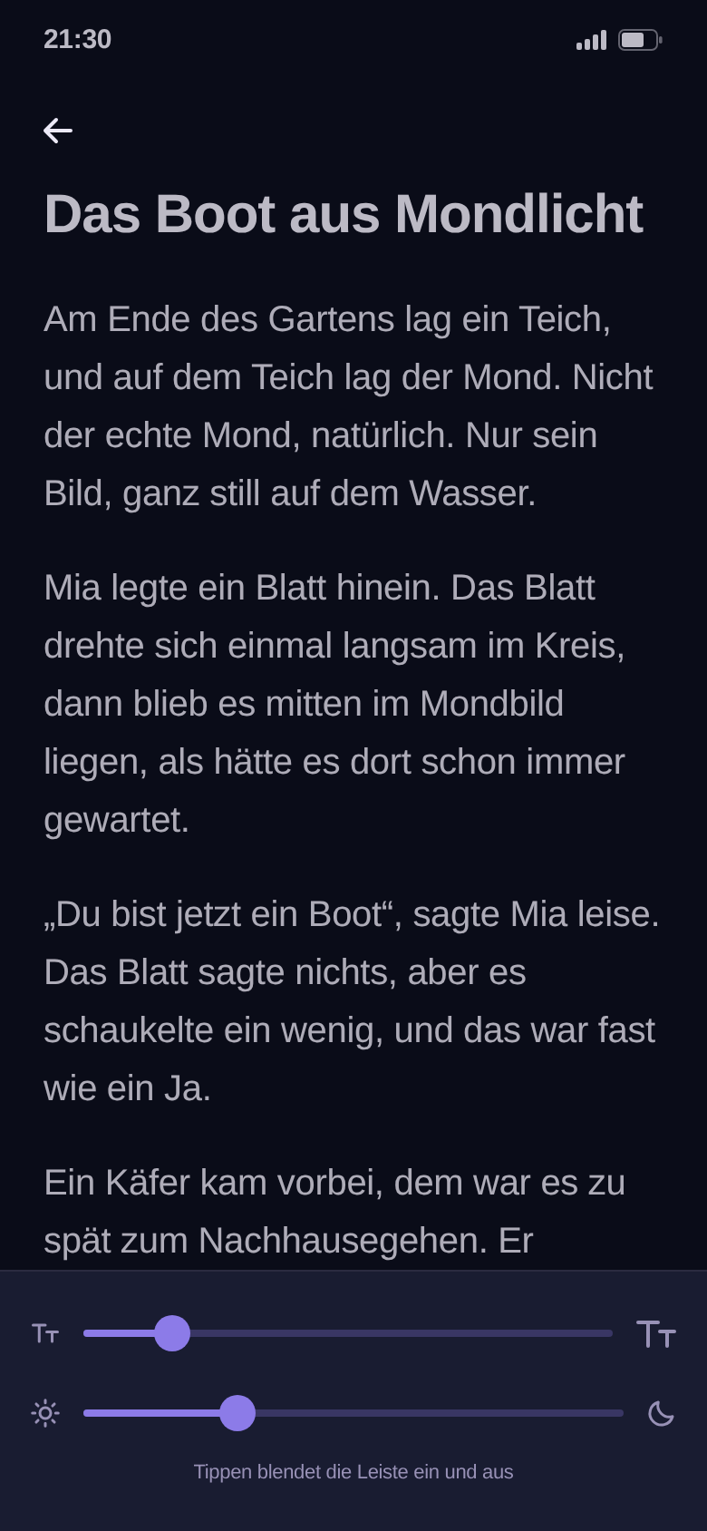 Leseansicht der Geschichte „Das Boot aus Mondlicht“ mit Reglern für Schriftgröße und Helligkeit